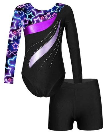 Freebily Body Ginnastica Artistica Bambina Manica Lunga Balletto Leotards con Pantaloncini Shorts Abito da Pattinaggio Artistico con Strass Jumpsuit Sportiva da Allenamento Viola 9-10 anni