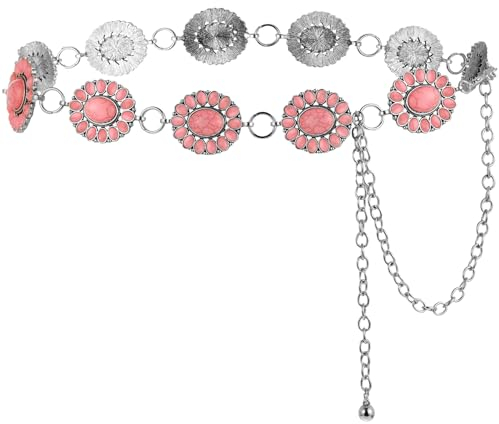 Tarpop Western Concho Kettengürtel für Frauen Silber Oval Kettengürtel Verstellbarer Metallgürtel mit Schnalle für Frauen Mädchen Kleider, Pink, Flower Style