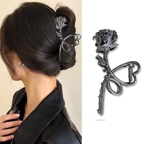 Rose Metal Hair Claw Clips, 1Pcs Hair Claw Clips for Thin Thick Hair Accessories (Black Rose)