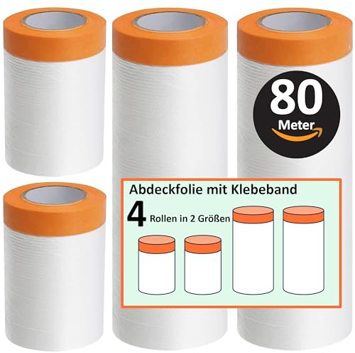 ZWERKZEUG Insgesamt 80 meter Abdeckfolie mit Klebeband Abdeckfolie mit Klebeband Maler Abdeckfolie - Goldband Tape-Abdeckfolien Malerfolien (4 Rollen)