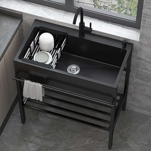 Schwarz Küchenspüle 80cm Einzelbecken Edelstahl Gewerbliche Spülbecken Ausgussbecken Mobile Waschtisch Mit Kalt und heiß Wasserleitung für Außen,Garten, Waschküche, Garage, Hinterhof