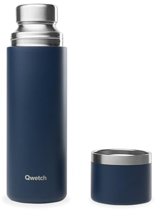 Qwetch - Thermo Isotherme Bleu Marine 750ml - Thermos avec Gobelet Inox Recyclé - 24h Froid et 12h Chaud - Etanche, Sans BPA & Idéale pour Café et Thé