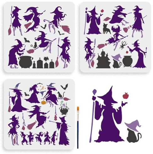 MAYJOYDIY 3Pcs Halloween Hexe Schablonen 30×30 cm Hexe Auf Einem Besen Malschablone Mit Pinsel Grab Fledermaus Magisches Zeichenschablone Für DIY Projekte Basteln Möbel Leinwand Wanddekoration