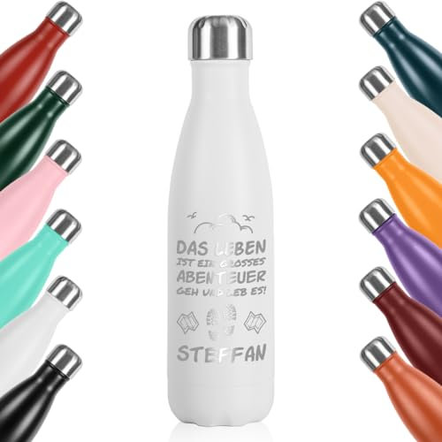 polar-effekt Sport Trinkflasche aus Edelstahl 0,5 liter in weiß mit Gravur - Thermosflasche doppelwandig isoliert - leicht und stoßfest