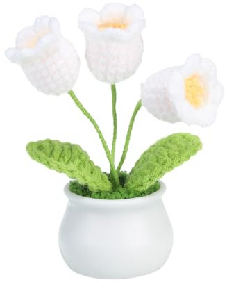 PATIKIL Fleurs au Crochet Tricotées à La Main 3 Têtes de Muguet Artificiel Tissé en Pot avec Tiges pour La Décoration de La Maison Cadeaux de La Saint-Valentin Mariages Bureau Fêtes Blanc