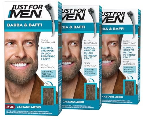 Just for Men Barba & Bigote, tinte para barba para hombre, color castaño medio, tinte para eliminar las canas, con peine aplicador, M35 (3 unidades)