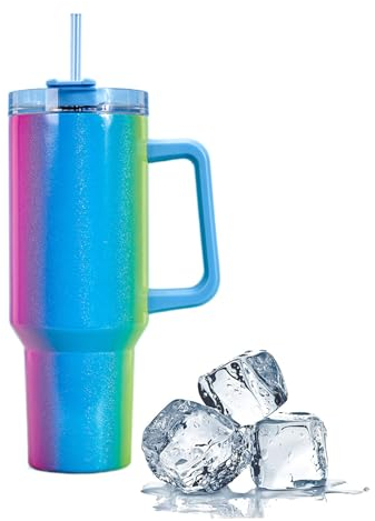 Somerway Gobelet à café à emporter - Double paroi en acier inoxydable - Avec poignée et paille - Portable - Pour voiture - Pour chaud et froid - Bleu magique, 40ozTumbler-NM
