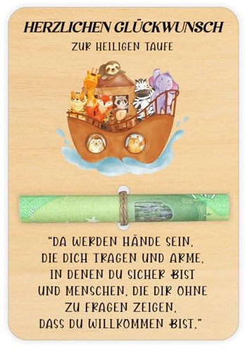 Geldgeschenke zur Taufe - Arche Noah Taufe Geschenk aus Holz - Originelle Taufgeschenke für Mädchen und Jungen - 14.5x10cm