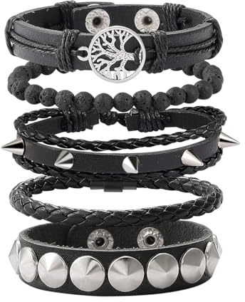 Eigso Schwarzes Rockband für Damen Herren Punk Leder Nietenarmbänder 80S Rock Gothic Armband für Frau Mann