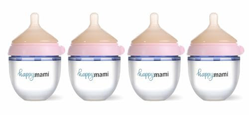 Happymami, Set aus 4 personalisierbaren Babyflaschen, Sauger aus medizinischem Silikon, doppeltes Anti-Kolik-System, spülmaschinen- und flaschenwärmergeeignet (Rosa 150 ml)