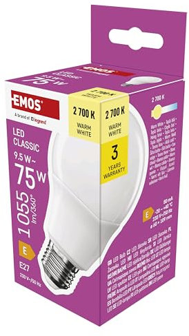 EMOS LED Lampe A60-Birne, 9,5W Ersatz für 75W Glühbirne, klassische Birne mit E27 Sockel, Helligkeit 1055 lm, Warmweiß 2700 K, 30000 h Lebensdauer, CRI min. 80, 180° Abstrahlwinkel