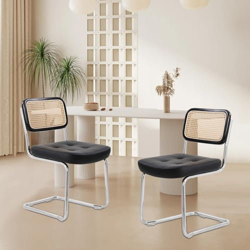 DOKKOME Rattan Esszimmerstühle 2er Set freischwinger Stühle Schwingstuhl Vintage Polsterstuhl Eiche Rückenlehnen aus Leinen mit Holzbeine Holz für Esszimmer/Wohnzimmer (Schwarz)