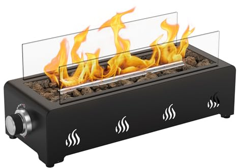 onlyfire Tischfeuer, Kleine Feuerstelle mit 1,5kg Lavastein, Glaswindschutz und Gasdruckregler, Tisch Gas Feuerstelle, 3,2 kW, Feuerschale für Draußen, Hinterem Lufteinlass, 45,7cm Tischfeuerstelle