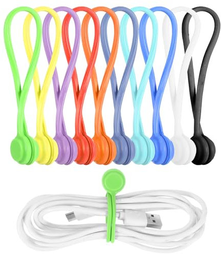 Ptwola 10 Pack Magnetic Cable Ties Reusable Cord Organizer Silicone Multicolor Small Electrical Cord Holder Management Twist Ties Keeper Wrap Clips for Charging Cable Fridge Magnets Hanging Stuff