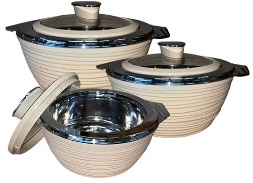 M1SS Set of 3 Insulated Hot Pot Casserole Serving Dish with Lockable Glass Lid – Double Wall Stainless Steel, Hot & Cold Food Storage (1000ml, 1500ml, 2000ml) BPA-Free, Leak-Proof (Swiss Coffee)