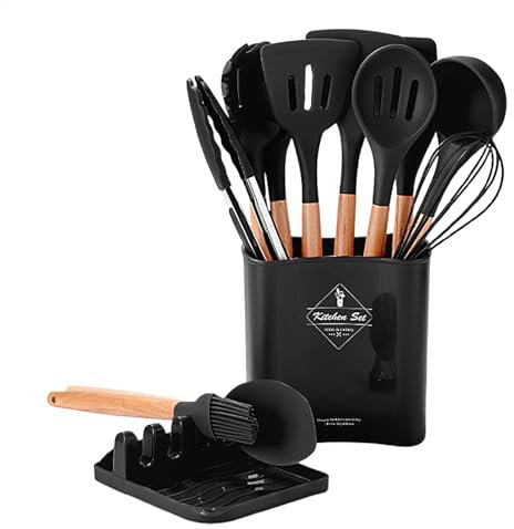 Juego de utensilios de cocina, 12 piezas de utensilios de cocina de silicona, juego de cubiertos de cocina, utensilios de cocina resistentes al calor con soporte para utensilios, juego de cocina antia