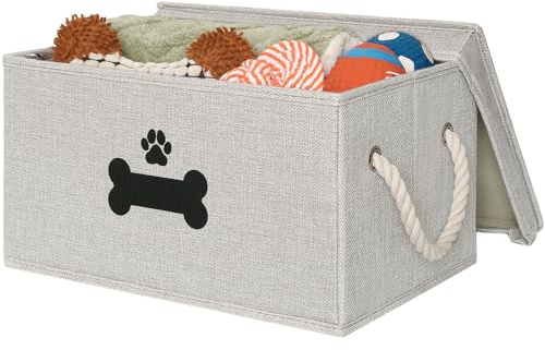 GreenPetopia Dog Toy Basket with Lid, Dog Basket for Toys, Dogs Toy Box with Cotton Rope Handles, Collapsible Storage Bins for Pet Toys, Dogs Storage Organizer, Gray