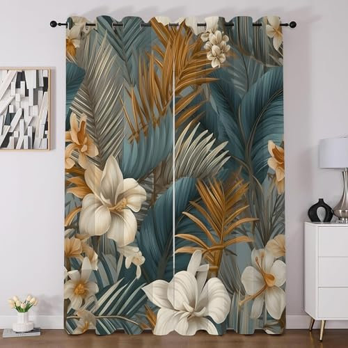 Syhi Qlty Blätter Luxus Vorhänge, Goldblätter Thermovorhang, Verdunklungsvorhänge mit Ösen, Vorhang Blickdicht Gardinen für Schlafzimmer Wohnzimmer 2er Set H137 x B117 cm, A115