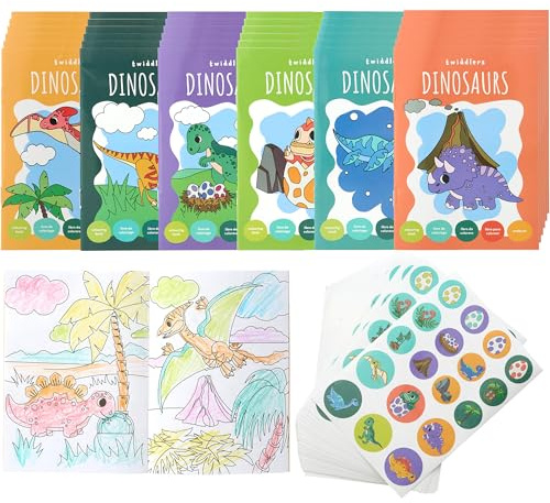 THE TWIDDLERS 36 Mini Libri da Colorare per Borse da Festa, con Adesivi - Tema Dinosauri, Mini Libri A6 per Bambini, Età 4-8 Anni, Piccoli Libri da Colorare Perfetti per Riempire le Borse da Festa