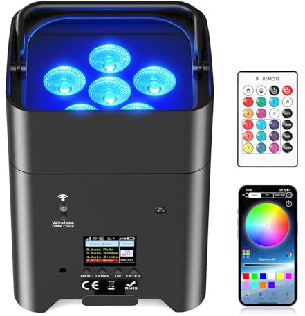 6 * 18W LED Akku Par Licht, 6 in 1 RGBWA+UV Disco Partylicht mit 9600mAh, Bühneneffekt Scheinwerfer mit Batterie Fernbedienung/APP/DMX, Wiederaufladbar Geeignet für Bühne Party Geburtstag Club