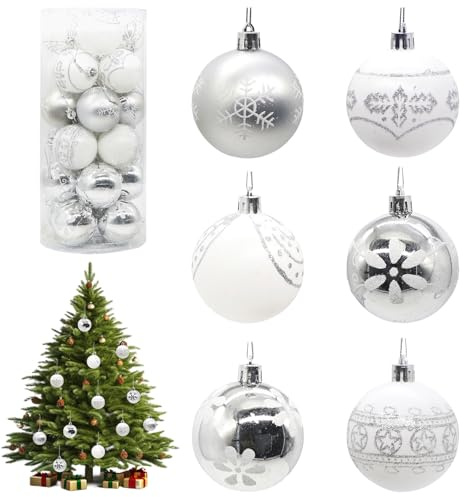 30 Stück Weihnachtskugeln Weihnachtsdeko Set, 6cm Weihnachtsbaumschmuck Weihnachtskugeln Handbearbeitet mit Aufhänger für Christbaumschmuck & Weihnachten Deko Christmas Balls Sliver
