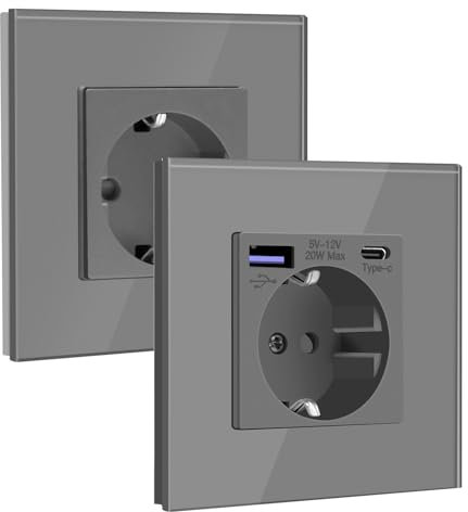 BSEED Pack Schuko, 1 x Enchufe con USB C 20W + 1 x Enchufe Normal, Toma de Corriente Empotrable 16A con Panel de Vidrio para Teléfono, Tablet y Reproductor MP3, Gris