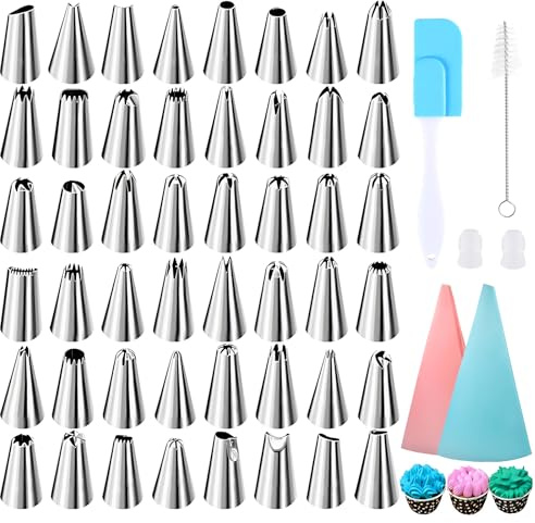 48 Stück Spritztüllen Set Spritzbeutel mit Tüllen Kommt mit 2 Stück Spritzbeutel Wiederverwendbar, 1 Stück Schaber, 1 Stück Reinigungsbürste für Cupcakes Tortenständer Kuchen Etc