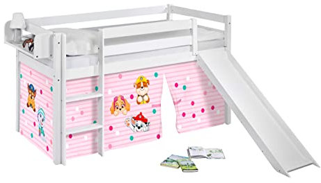 Lilokids Hochbett mit Rutsche JELLE 90×200 cm | 90x190 cm – Kinderbett & Spielbett aus Massivholz (Kiefer) inkl. Lattenrost – Verschiedene Markenmotive (Paw Patrol rosa, 90 x 200 cm)