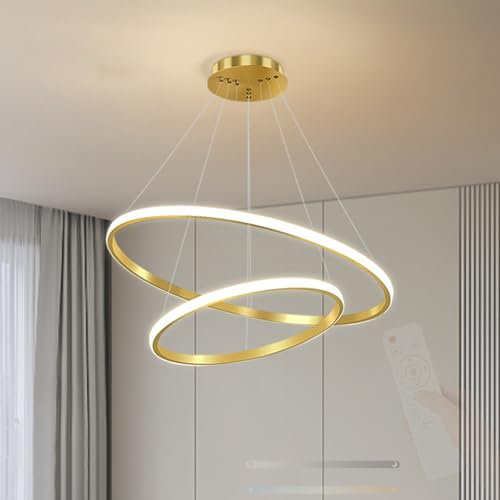 TZSMUM LED Rund Design Deckenleuchte mit Fernbedienung Deckenlampe 2700K-6500K Dimmbar Deckenbeleuchtung Eisen Silikon Innen Modern für Wohnzimmer Esszimmer Treppenhaus (2 Ringe,Gold)