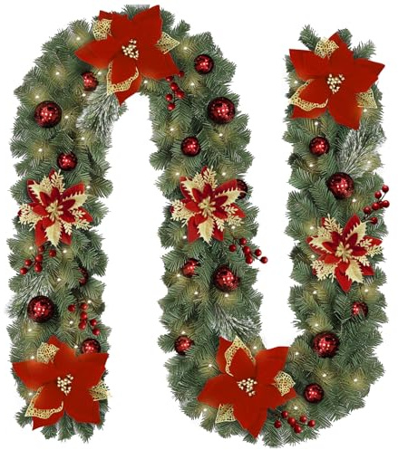 Ghirlanda Natalizia, 270cm Christmas Garland Ghirlande Natalizie con Luci Led, Bacche e Grandi Fiori, Ghirlanda Natalizia per Scale, Caminetti, Porte, Finestre, Decorazioni Natalizie