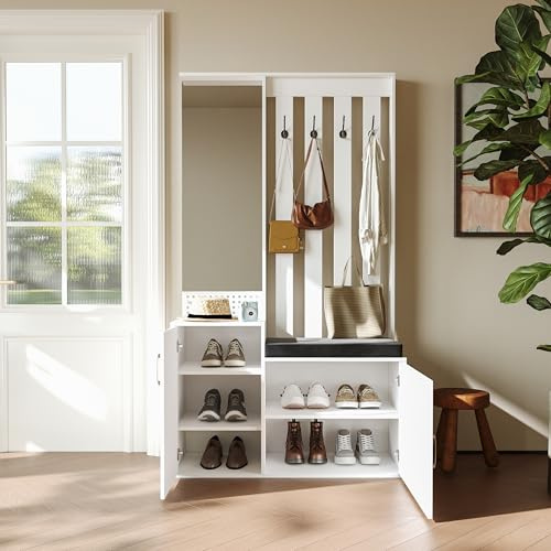 FOERPL Mueble Zapatero Recibidor, Perchero con Banco para recibidor Zapatero Perchero EntradaRecibidor con Ganchos Espejo y Cajones 180x40x100 cm ArmarioZapatero de Madera Armario Independiente