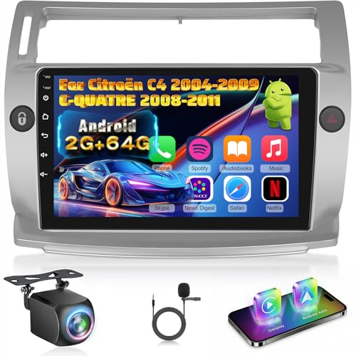 [2G+64G] Android Radio Coche para Citroën C4 2004-2009/C-QUATRE 2008-2011 con Wireless Carplay y Android Auto, Pantalla Táctil de 9 Pulgadas con GPS/WiFi/Bluetooth/EQ/FM RDS