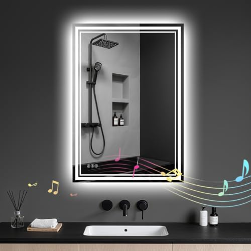 Archaluxe Bathroom Mirror with LED Light: 45x60cm Illuminated Wall Mounted Bluetooth LED-Bathroom-Mirror with Shaver Socket Anti-Fog 3 Colors Dimmable Memory Function Smart Mirror Horizontal/Vertical