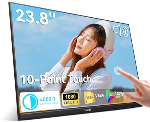 23.8 Inch Monitor Touchscreen 1080P, 100% sRGB VA FHD, 4000:1 Contrast | Large Portable External Screen Display Built-in Speaker, W/90° Stand and w/VESA USB-C HDMI 75Hz for Laptop/PC/Phone