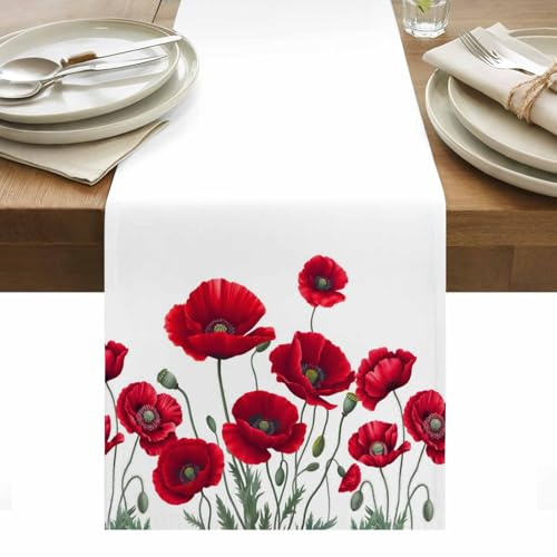 Spring Red Opium Poppy Flower Table Runner 36 Inches Long Summer Watercolor Plant Linen Table Runner for Home Party Holiday Kitchen Dining Tables Decoration