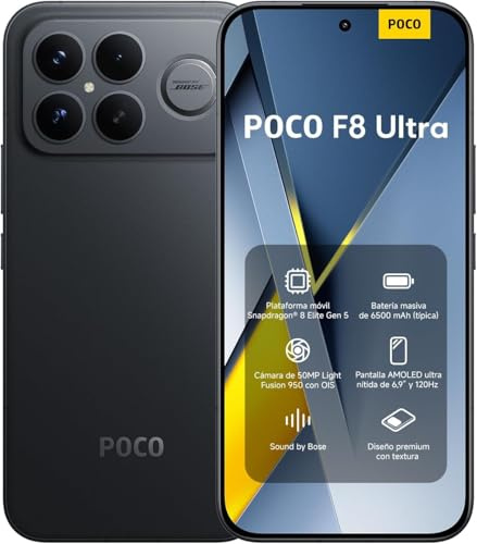 XIAOMI Poco F8 Ultra Smartphone 12 + 256 GB, Snapdragon 8 Elite Gen 5, schermo AMOLED 6,85 120 Hz, ricarica Hypercharge 100 W e wireless 50 W, caricatore non incluso, nero