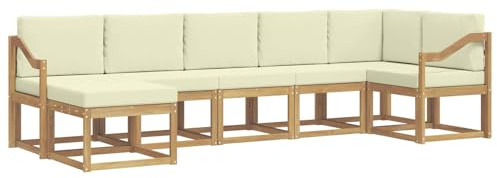 vidaXL Outdoor-Sofagarnitur mit Kissen 7 pcs Weiß und Creme Polyester, Modularer Gartensofa-Set, modernes Outdoor-Sofa, wetterfester Terrassenmöbel, Akazienholz, braunes Sitzen
