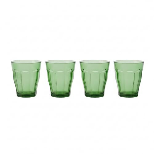 DURALEX | Set 4 Vasos de Cristal Agua 250 ml Picardie Verde, Vasos Bajos de Vidrio con Relieve Clásico, Aptos Lavavajillas y Microondas, Set de Vasos para Cocina y Hogar