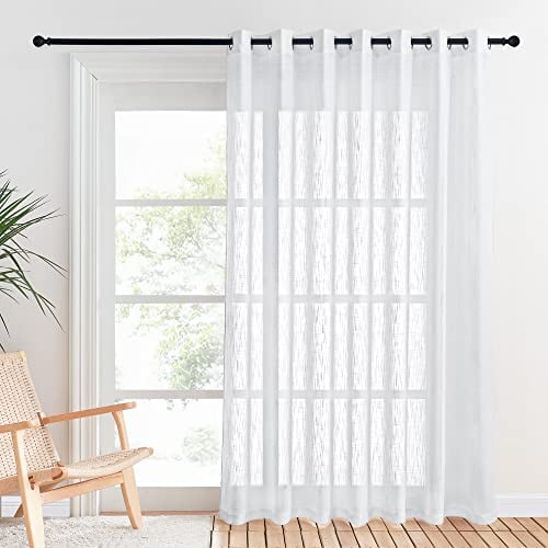 PONY DANCE White Curtains - Wide Width Curtains Living Room Decoration Linen Voile Curtain Cross Pattern Half Transparent Bright Filter, Length 254 cm x Height 210 cm, White, 1 Piece