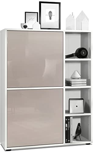 Vladon Highboard Schrank Anrichte Cuba mit 8 Fächern, Made in Germany, Korpus in Weiß matt/Fronten in Sandgrau Hochglanz