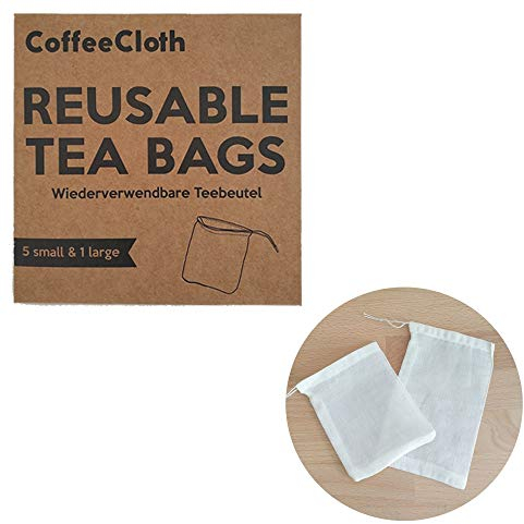 Earthtopia CoffeeCloth 6er Set Wiederverwendbare Teebeutel aus Stoff | 100% Bio-Baumwolle | Teefilter Permanentfilter Mehrwegfilter Dauerfilter (5X klein, 1x groß)