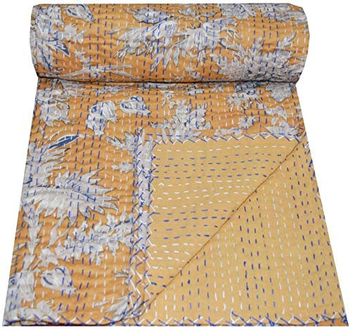 Yuvancrafts Indian Handmade Cotton Kantha Quilt Traditional Floral Print Twin Quilt Blanket Bedspreads Throw (Yellow)