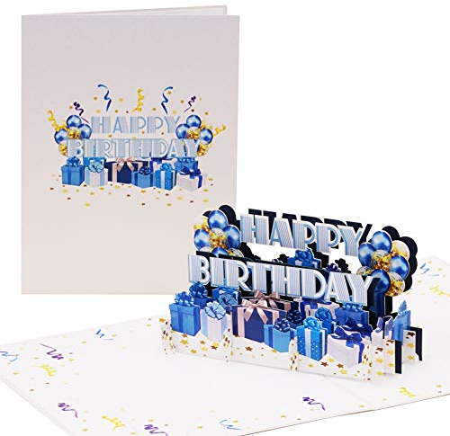 Geburtstagskarte Happy Birthday in Blau | Pop up Karte Geburtstag, 3D Luftballons, Geschenke | Glückwunschkarte oder Gutschein zum Geburtstag, G24.2