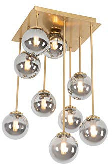 Qazqa - Landhaus I Vintage Moderne Deckenleuchte I Deckenlampe I Lampe I Leuchte Gold I Messing 9-Lichter mit Rauchglas - Athen I Schlafzimmer - Rund - LED geeignet G9
