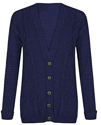 LUXE DIVA New Womens Everyday Long Sleeve Button Top Ladies Chunky Aran Cable Knit Grandad Cardigan UK Size 8-26 Navy