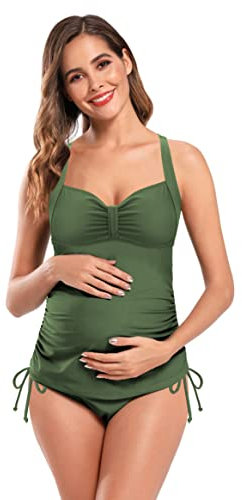 SHEKINI Maillots de Bain Femme Deux Pièces Maternité Élégant Ruché Halter Bikinis Grossesse Enceintes Tankini 2 pièces Triangle Bas de Bikini de Plage(M,Vert Olive H)