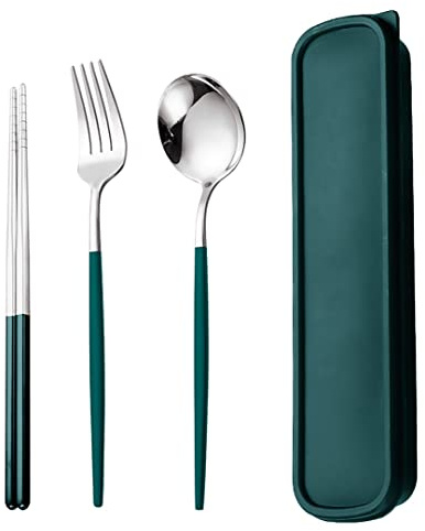 AXIAOLU Travel Utensils, Stainless Steel 4pcs Cutlery Set Portable Camp Reusable Flatware Silverware, Include Fork Spoon Chopsticks with Case（Dark green）