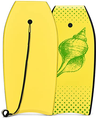GYMAX Surfbrett 105 x 51 cm, Schwimmbrett mit Zugseil, max. Belastung: 85 kg, Bodyboard Surfboard mit EPS Schaumstoff-Kern, für Kinder & Erwachsene (Gelb)