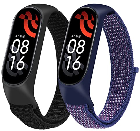Ainiv Bracelet pour Xiaomi Mi Band 5/Xiaomi Mi Band 6, 2PCS Bracelets de Remplacement Xiaomi Bracelet de Montre en Nylon Tricoté Extensibles Tissés pour Accessoires Xiaomi, Noir + Azur