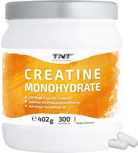 TNT Creatine Monohydrate Kapseln (300 St.) • Reines Creapure® • Vegane Kreatin Kapseln hochdosiert • Creatine Monohydrate ohne Zusätze • Made in Germany